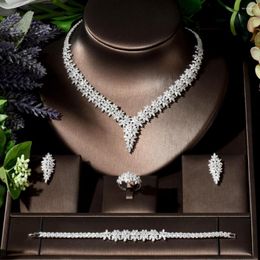 Necklace Earrings Set Fashion Luxury White Color 4 Pcs CZ Jewelry For Women Wedding Earring Ring Bracelet Bridal Accessories N-35