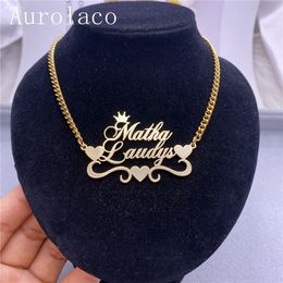 Pendant Necklaces AurolaCo Custom Name Necklace Stainless Steel Cuban Chain Necklace with Heart Custom Two Names Choker Necklace Jewellery Gift 230605