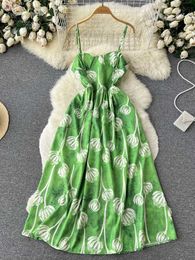 Casual Dresses Resort Fashion Green Printing with Long Dress Summer Beach Robe Women's P230606