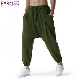 Army Green Baggy Genie Boho Yoga Harem Pants Cotton Low Drop Crotch Joggers Sweatpants Mens Casual Hippie Streetwear Trousers L230520