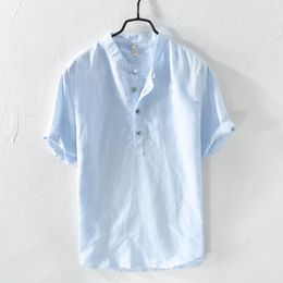 Men's Casual Shirts Cotton And Linen Brand Shirt Men Blue For Stand Collar Fashion Male Tops Short Sleeve Mens Camisa