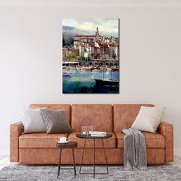 Impressionist Canvas Art Mediterranean Harbour Serene Countryside Handmade Beautiful Landscape Artwork for Office Studio Wall