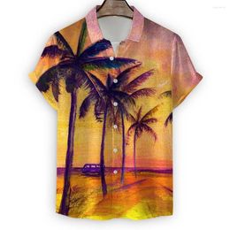 Men's Casual Shirts Black White Contrasting Coconut Palm Graphic Print Hawaii Short Sleeve Shirt Men Lapel Button Homme Camisetas Hombre