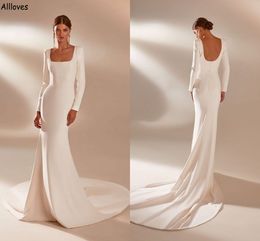 Chic Simple Satin Ivory Mermaid Wedding Dressees Square Neck With Long Sleeves Elegant Boho Garden Bride Gowns Long Train Modern U Low Back Sexy Robes de Mariee CL2379