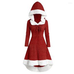 Casual Dresses Lace Up Hooded Marled Faux Fur Panel Dress Autumn Long Sleeve Women Fashion Vestidos Robe Femme