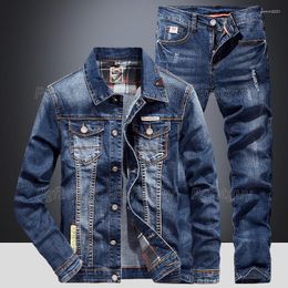 Men's Tracksuits Fashion Slim Men's Sets Spring Autumn Dark Blue Denim Cotton Long Sleeve Jacket Ripped Hole Jeans Couple Two Piece Set