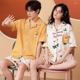 Men's Sleepwear Yellow Summer Couple Pyjamas Suit Women Korean Version Cartoon With Pocket Short Sleeve V-neck Cardigan Household