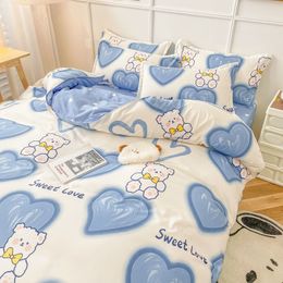 Bedding sets Cute Bear Bedding Set Girls Boys Kids Single Double Size Flat Sheet Duvet Cover Pillowcase Bed Linens White Blue Home Textile 230605