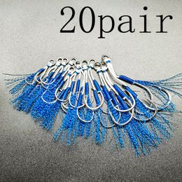 Fishing Hooks 20pair Assist Hook Solid Ring JigLure Jigging Fishjig Double Pair Barbed Pesca Peche Blue Feather Slow Jig 230606