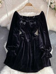 Casual Dresses Black Fashion Women's Princess Bow Y2K Clothing Long Puff Sleeves Velvet Short Sleeve Gothic Dress Korean Party Tank Top P230606