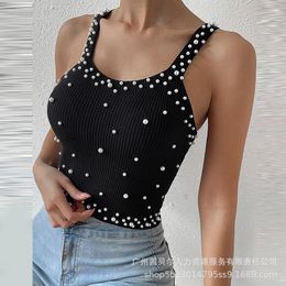 Women's Tanks Women Sexy Sleeveless Summer O Neck Solid Colour Camis Tops Y2K Pearls Decor Thick Strap Tank Top