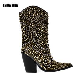 2021 Women Luxury Colourful Crystal Mid-calf Boots Lady Pointed Toe Rhinestone Decor Boot Designer High Heels Patry Shoes 2020