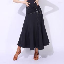 Stage Wear 2023 Adult Women Ballroom Dance Skirt Rhinestones Belt Black Split Tango Performance Costume Practice Clothes VDB6825