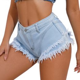 2023 New Women's Sexy Distressed Ripped High Waist Tassel Hole Denim Jeans Shorts Sky Blue S-xl P230606