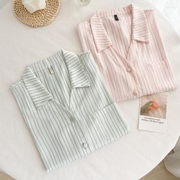 Women's Sleepwear QWEEK Stripe Women's Satin Pyjamas Cardigan Trouser Suits Blue Pink Turn-down Collar Home Summer Nightie Casual Room