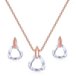 Necklace Earrings Set Simple Love Heart Clear Crystal 2 PCS Jewellery For Women OL Lady Rose Gold Colour Earring Gift Fashion S253