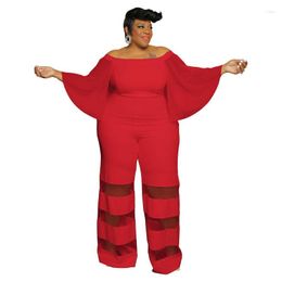 Pants 2023 Plus Size Bell Sleeves Women Jumpsuit 4XL 5XL Mesh Patchwork Fashion Straight Overalls Party Rompers