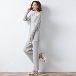 Women's Two Piece Pants Women Cosy Knitted Sweater And Pant 2 Pieces Suit Set Grey Blue Warm Woollen Blend Knitwear Twinset Four Season