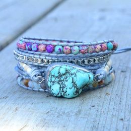 Chain est Unique Mixed Natural Stones turquoises Charm 5 Strands Wrap Bracelets Handmade Boho Bracelet Women Leather Bracelet 230606