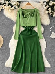 Casual Dresses Women's 2022 Brand Design Vintage Green Spaghetti Strap Dress and Knitted Long Sleeve Top Two Piece Set P230606