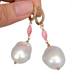 Dangle Earrings Y.YING Freshwater Cultured White Keshi Pearl Pink Coral Cz Pave Lever Back