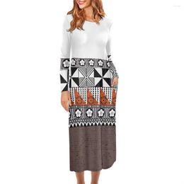 Casual Dresses Long Maxi Polynesian Tribal Dress Samoan Fiji Masi Tapa Flower Print Custom Loose Party O-neck With Pocket