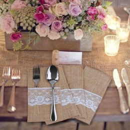 Table Napkin 10Pcs/Lot Burlap Cutlery Holder Lace Tableware Pouch Pocket Christmas Silverware Pockets Wedding Decoration