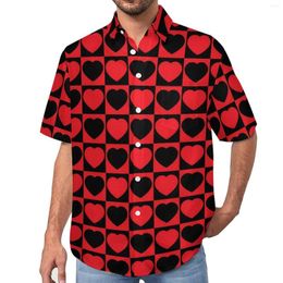 Men's Casual Shirts Valentine Hearts Shirt Black And Red Beach Loose Hawaiian Streetwear Blouses Short Sleeves Graphic Oversized Top