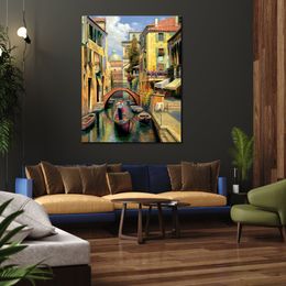 Hand Painted Impressionist Landscape Canvas Wall Art Sunday in Venice Modern Artwork Beautiful Dining Room Decor