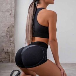 Active Sets Mesh Gym Women Summer Workout Clothes For Wear Black Patchwork Set Outfits Sexy Sport Bra Shorts