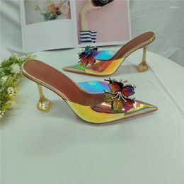 Slippers Rhinestone Bow Flower Lady High Heeled Shoes Tip Transparent Design Wine Glass Heel Fashion Party