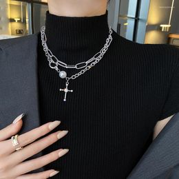 Pendant Necklaces Fashion Multilevel Punk Silver Color Artificial Pearl Cross Thick Chain Necklace For Women Female Vintage Collar Jewelry