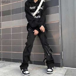 Chic Casual Cargo Pants Men Joggers Zipper Ribbons Hip Hop Techwear Korean Style Slim Fit Harem Trousers Male Y2k High Street L230520