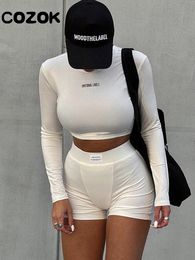 Women's Two Piece Pants Autumn Shorts Two Piece Set Women Outfits Casual Letter Long Sleeve Crop Top And Mini Biker Shorts Suit Female Skinny Tracksuits 230606