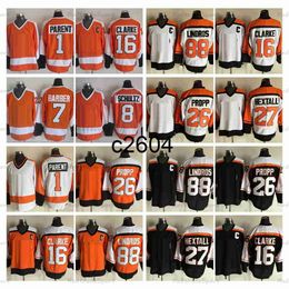 c2604 Vintage Mens Hockey Jerseys 16 Bobby Clarke 1 Bernie Parent 8 Dave Schultz 7 Bill Barber 27 Ron Hextall 88 Eric Lindros 26 Brian Propp Black White Orange Stitched J