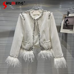 Women's Jackets 2023 Winter Ladies Fashion Classic Style Elegant Short Jacket Women's Streetwear Ostrich Feather Rhinestone Patchwork