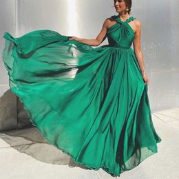 Halter Chiffon Beach A-line Bridesmaid Dress Sweep-train Party Gowns Dresses With Hand-made Flowers