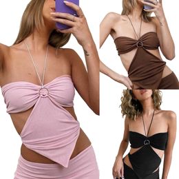 Tanks Camis Women's Solid Colour Lace Up Strap Neckline Sleeveless Backless Tank Summer Slim Fit Irregular Bottom Top P230605