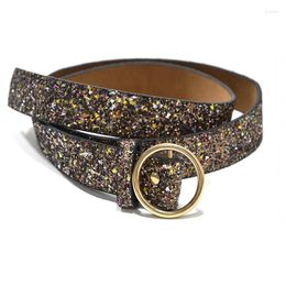 Belts Sequins Shiny Belt Women Elegant PU Leather Round Buckle 105CM Luxurious High Quality Party All-Match Waist Accessories 2023