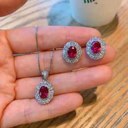 Dangle Earrings Brand Genuine Luxury Real Jewels S925 Silver Needle High Imitation Pigeon Blood Red Treasure Necklace Jewellery Two Piece