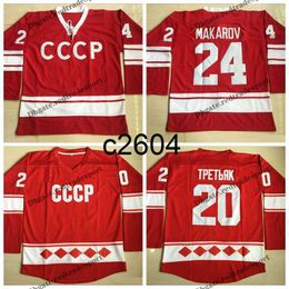 c2604 Vintage Customise 1980 CCCP Russia Hockey Jerseys 24 Sergei Makarov 20 Vladislav Tretiak Home Red Stitched Hockey Shirts M-XXXL