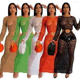 Casual Dresses Hand Crochet Knitted Maxi Beach Dress Spring Summer Women Sexy Hollow Out Long Sleeveless Holiday Cover Ups Club Party Robe