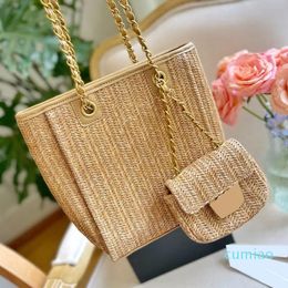 2023-Womens Raffia Woven Straw Shopping Bags With Classic Mini Coin Purse Gold Metal Hardware Matelasse Chain Crossbody Shoulder Beach Holiday Handbags 25cm