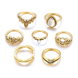 Band Rings 7Pcs Set Vintage Hollow Carved Flower Rhinestone Ring For Women Men Party Accessories Finger Gold Sier Colour Drop Deliver Dhpty