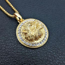 Pendant Necklaces Iced Out Wolf Head Necklaces Pendants For WomenMen Gold Colour Stainless Steel Necklace Hip Hop Bling Jewellery 230605