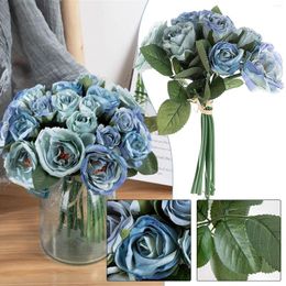 Decorative Flowers Artificial Blue Roses Rose Flower Bouquet Home Garden Decoration Wedding Fake #t2p