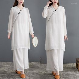 Active Sets Cotton Linen Women Yoga Meditation Tai Chi Suits Chinese Style Loose Shirt Pant Exercise Martial Arts Workout Casual Outfit Set