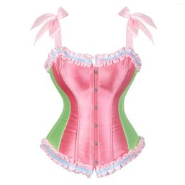 Bustiers & Corsets Kawaii Ruffle Satin Overbust Corset Tops Women Girl Cute Candy Colour Adjustable Straps Lace Up Body Shaper Corselet Top