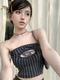 Women's Tanks Women's Sexy Y2k Metal Letter Crop Top Fashion Knit Sleeveless Hollow Out Slim Tube Vest 2023 Summer Grunk Punk Clothing