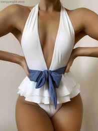 Women's Swimwear Deep Plunge V Neck Swimsuit Women Sexy Ruffle Skirt Belted High Cut Thong One Piece Swimwear Backless Bath Suit 2022 Monokini T230606